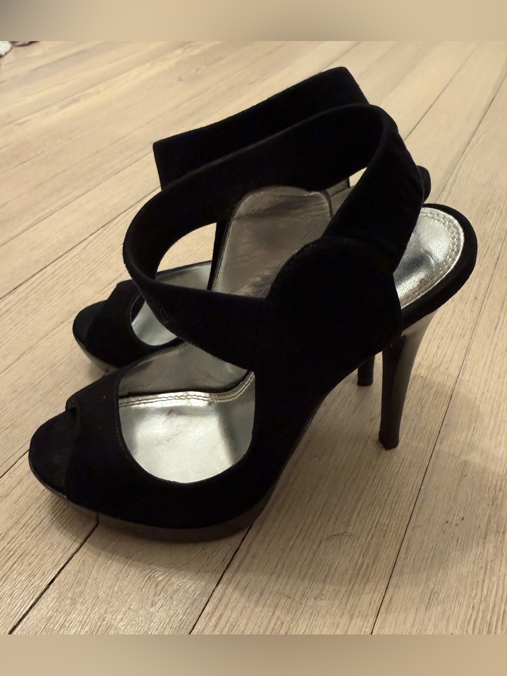 BAKERS Women’s Black Suede Leather Peep Toe Platform Slingback Heels Size 7M